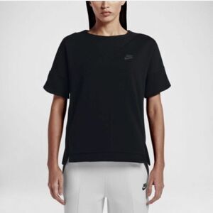 Nike Tech Women’s Large Fleece Short Sleeve Sweatshirt Black Activewear NEW